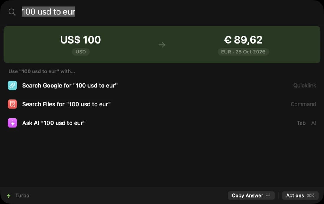 Turbo calculator converting currency